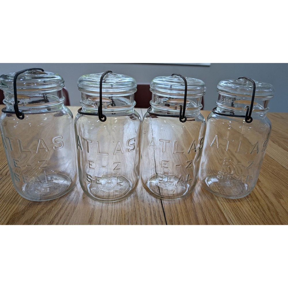 Vintage Atlas E-Z Seal Glass Canning Jars with Wire Bail Lids Set of 4 Clear